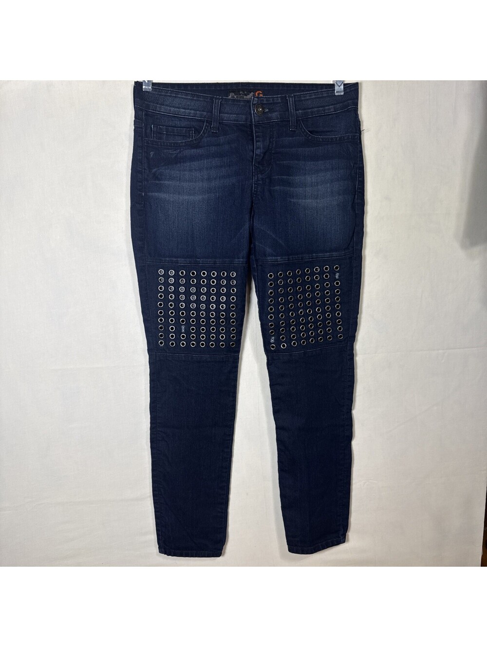 G by GUESS Women 31 Metal Grommet Knee Moto Skinny Jeans Dark Wash Denim